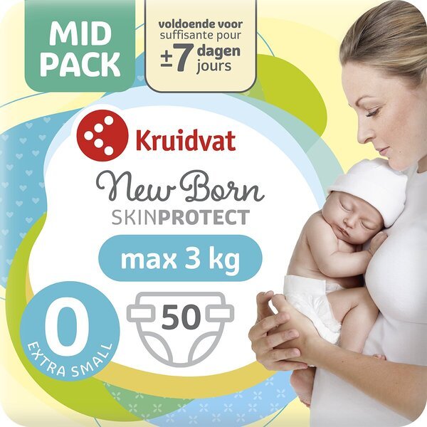 Kruidvat 0 naujagimio ypač mažos sauskelnės, vidutinė pakuotė<br>0 dydis (iki maždaug 3 kg), 50 vnt.