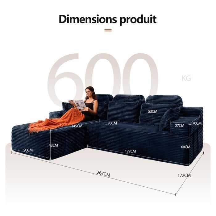 Sofá esquinero reversible con chaise longue, sofá modular de respaldo alto, sofá cama de asiento profundo, no requiere montaje, azul.