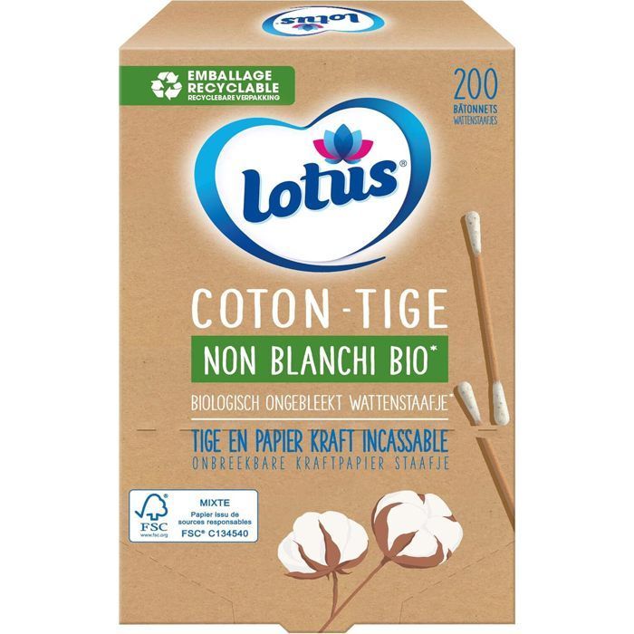 Cotonetes de algodão orgânico não branqueado, feitos de papel e algodão - Caixa com 200 unidades ecológicas.