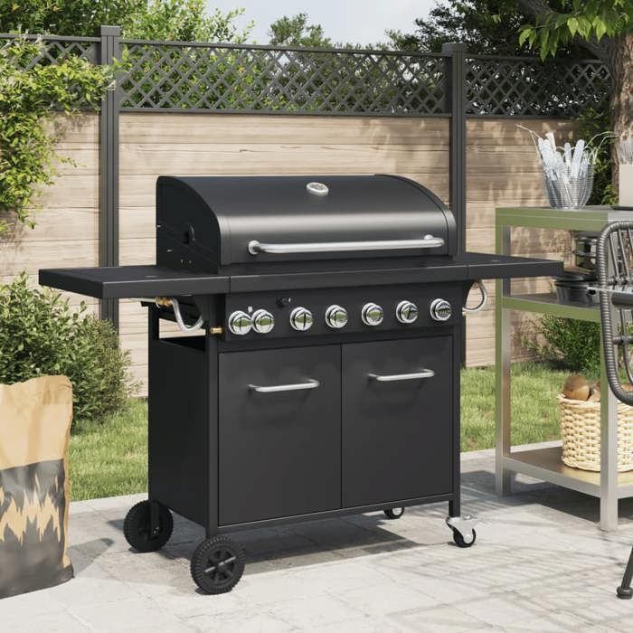 Barbacoa de gas - vidaXL - 7 quemadores - Negra - Acero revestido - Termómetro integrado