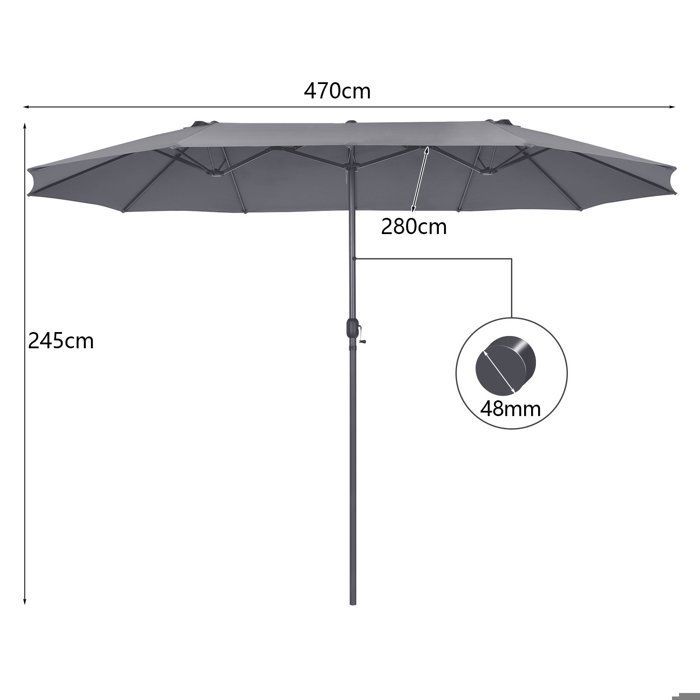 Ombrellone da giardino doppio XXL COSTWAY - 470x280x245 cm, con 12 stecche, sistema a manovella, struttura in metallo, telo in poliestere, grigio