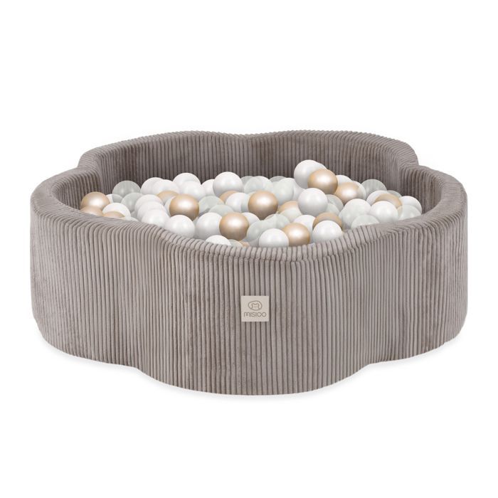 MISIOO Piscina di palline per neonati/bambini, velluto a coste beige con fiori, 95x30 cm, 200 palline: oro/bianco perla/trasparente