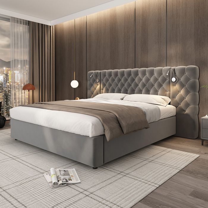 Cama doble tapizada de 160 x 200 cm con iluminación LED y espacio de almacenamiento. Cama con cabecero tapizado y luz de lectura. Terciopelo gris.