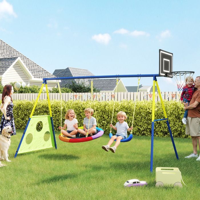 Kinderschommelset - AIYAPLAY - 4-in-1 - Nestschommel, voetbaldoel - Stalen frame - voor kinderen van 3-8 jaar - Meerkleurig