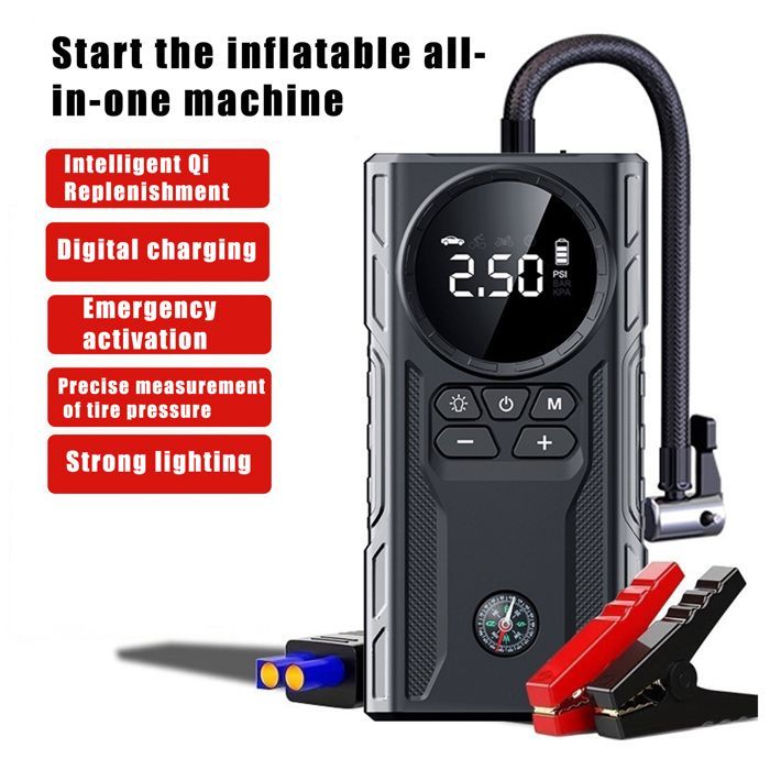 Arrancador de batería para coche, arrancador de 1800 A, arrancador de coche de 12 V, con puerto de carga USB, luz LED, pantalla panorámica HD.