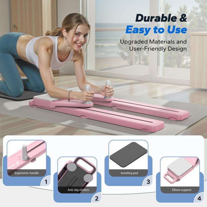 MERACH - Pedana Pilates pieghevole multifunzionale, con bande elastiche, per allenamento Pilates e rafforzamento del core, colore rosa.