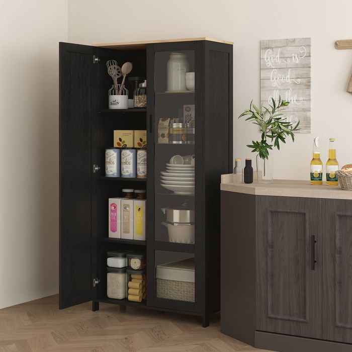 HOMCOM keukendressoir, keukenkast, vitrinekast met verstelbare planken en 9 vakken, 76 x 36 x 160 cm, zwart