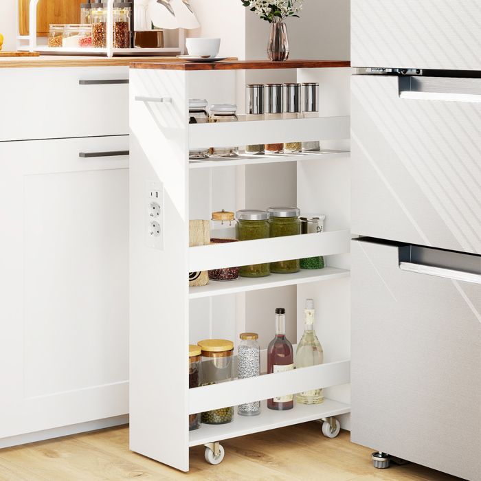 GIANTEX Desserte de Cuisine Étroit à Roulettes- 47,5x20x80,5cm- Station de Charge- Chariot de Service à 4 Niveaux- Blanc + Brun