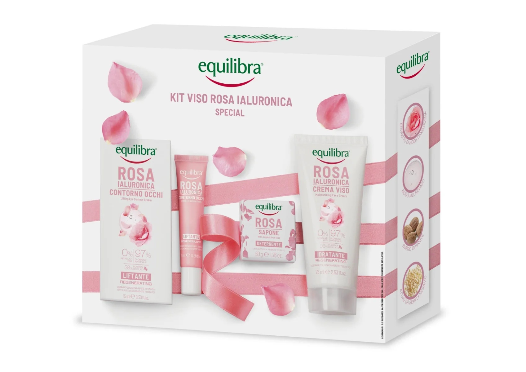 Equilibra huidverzorgingsset: Equilibra Hyaluronic Rose Special Lifting Eye Contour Care 15 ml + 100% plantaardige zeep 50 g + hydraterende gezichtscrème