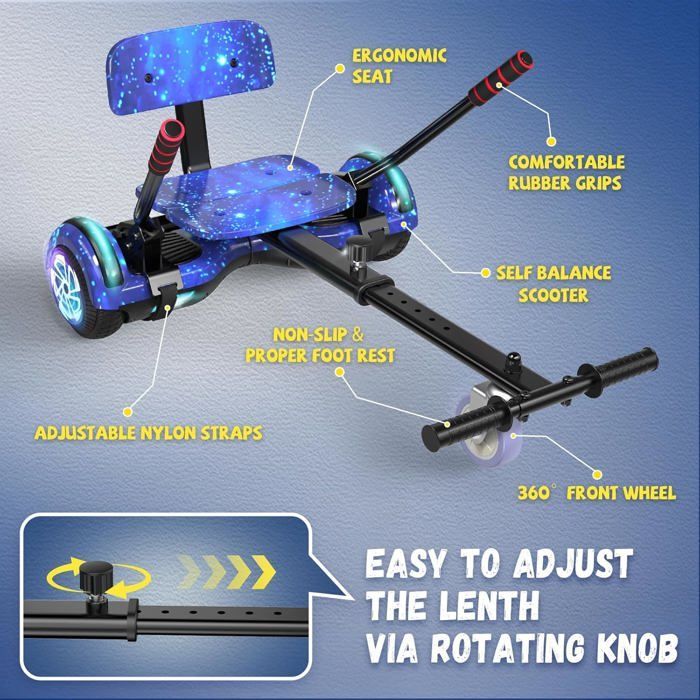 Hoverboard with integrated seat, 6.5 inches with Bluetooth speaker and LED lights for children (including pedal kart)