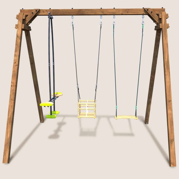 Portique en bois carré 3 agrès avec balançoire bébé et face à face PIERRE