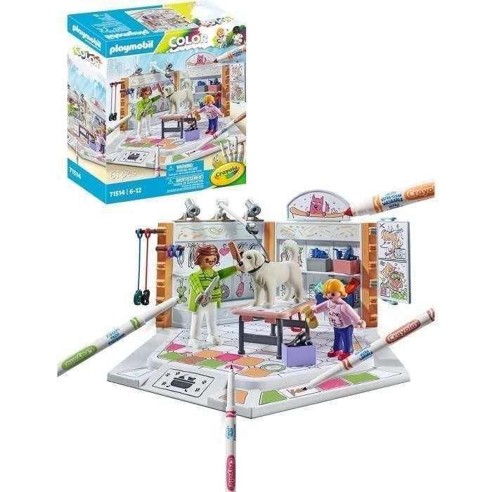 PLAYMOBIL Kleurenset 71514 Trimsalon, Crayola kleurpotloden om op de figuurtjes te tekenen, 61 onderdelen, Geschikt voor kinderen vanaf 5 jaar