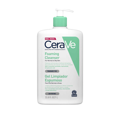 Limpiador facial y corporal en espuma CeraVe para piel normal a grasa, gel limpiador, 3 ceramidas, 1000 ml.
