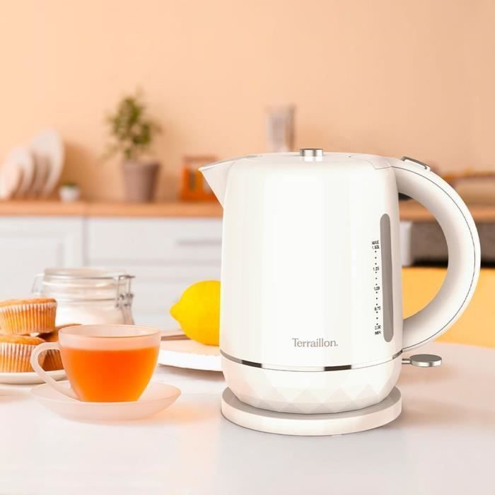 Bouilloire électrique - TERRAILLON – 15351 DIAMANT Blanc – 1.5L - 2200W - Base pivotante 360° - Base reliefée effet diamant