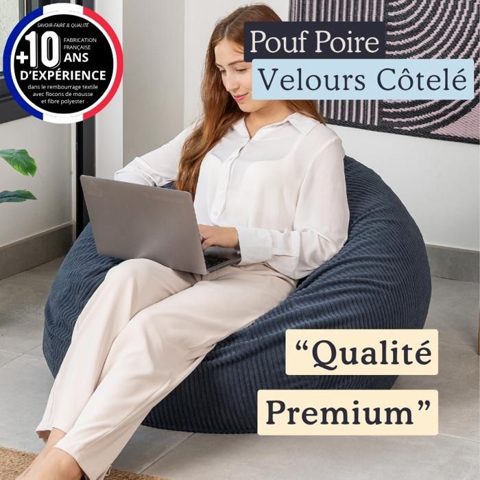 Removable Corduroy Bean Bag Chair - 120x100 cm - Bananair - Dark Blue - Made in France