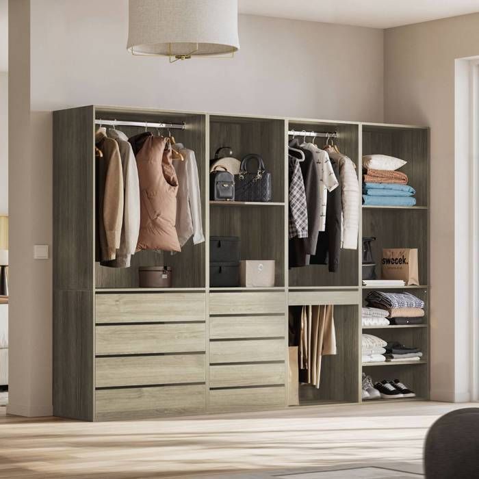 Kit de guarda-roupa modular com 4 elementos. Acabamento natural. Painéis laminados.