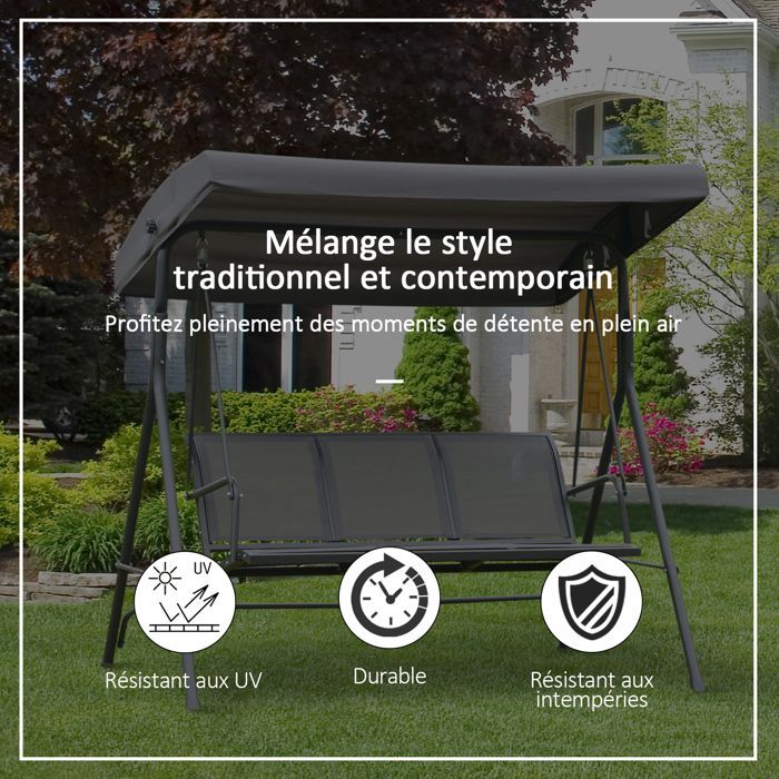 Altalena da giardino Outsunny - 3 posti - tettuccio inclinabile regolabile - sedile e schienale ergonomici - acciaio e textilene - grigio