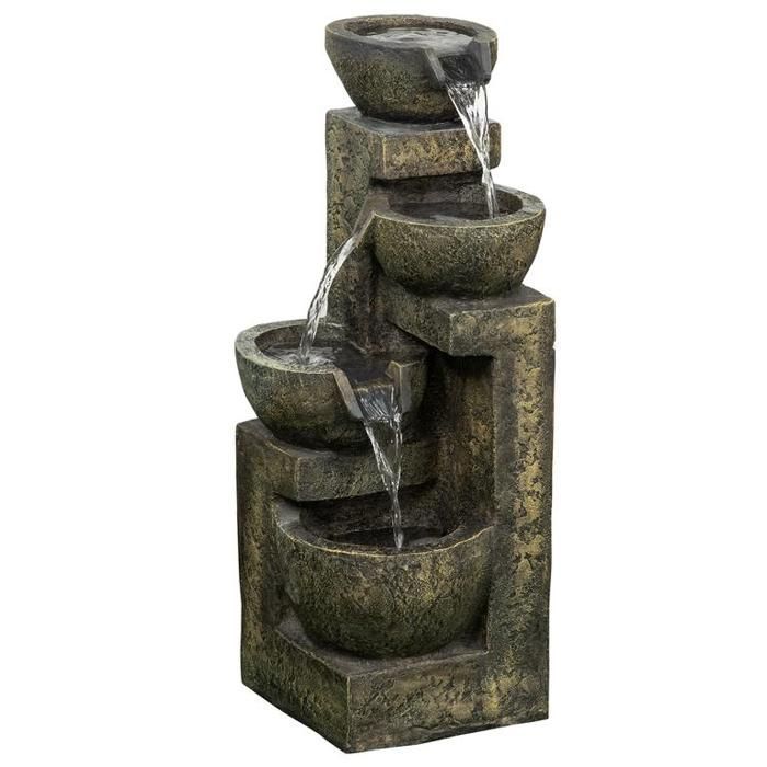 Tuinfontein met 4 instelbare debieten, decoratief element en waterval voor tuin en vijver, gemaakt van kunsthars.