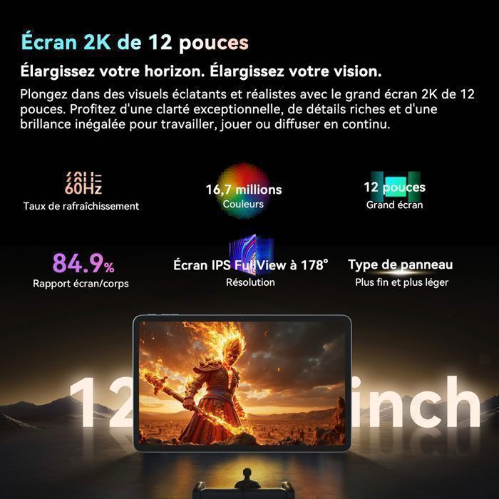 Tablette Tactile Blackview MEGA2–12 pouces,24Go+256Go,Android 15,Tablette avec Clavier+Souris,9000 mAh,2.4K FHD+,Widevine L1,5G WiFi