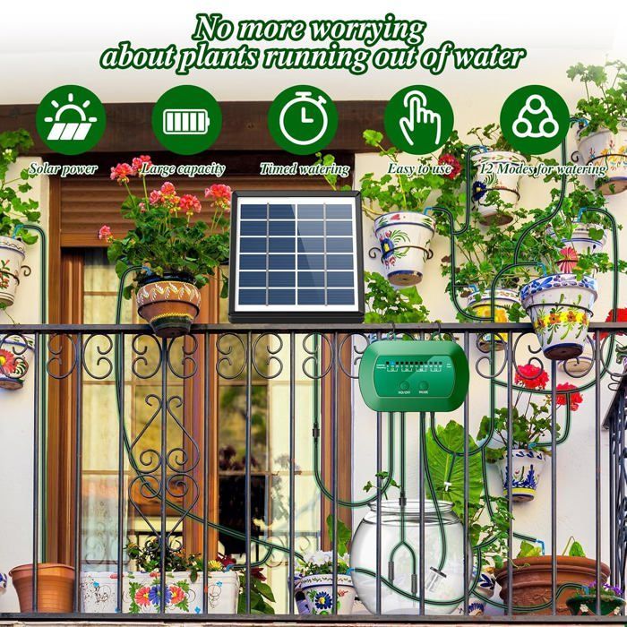 Kit di irrigazione automatica solare per giardino – Tubo di irrigazione a goccia da 15 m con timer – Balcone, vaso di fiori, vacanze