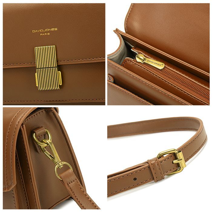 Borsa a tracolla - David Jones - Piccola borsa a tracolla da donna in ecopelle rigida - Patta con graziosa chiusura - Marrone cognac