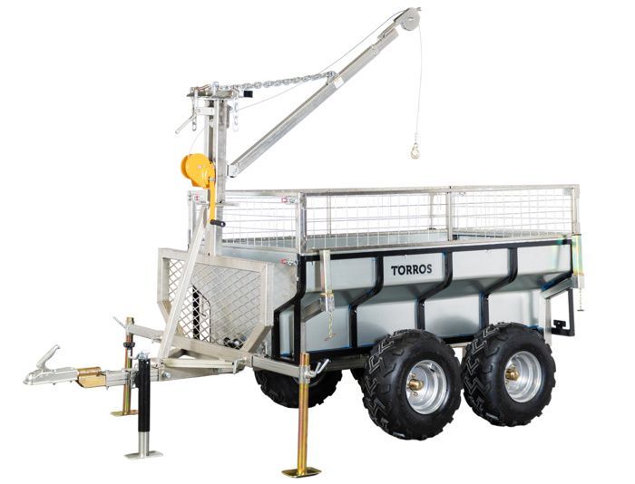 Double axle trailer 4 wheels 1400kg galvanized tipping tipper + crane 2000x1070x580 mm Torros AHR1400GK