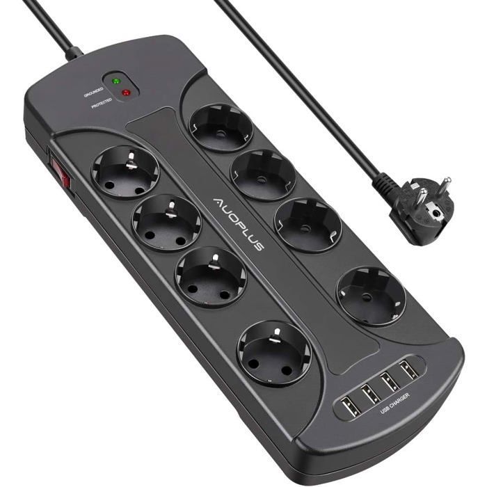 Regleta protectora contra sobretensiones con 8 tomas de corriente y 4 puertos USB, regleta con toma de tierra e interruptor, 3680 W/16 A