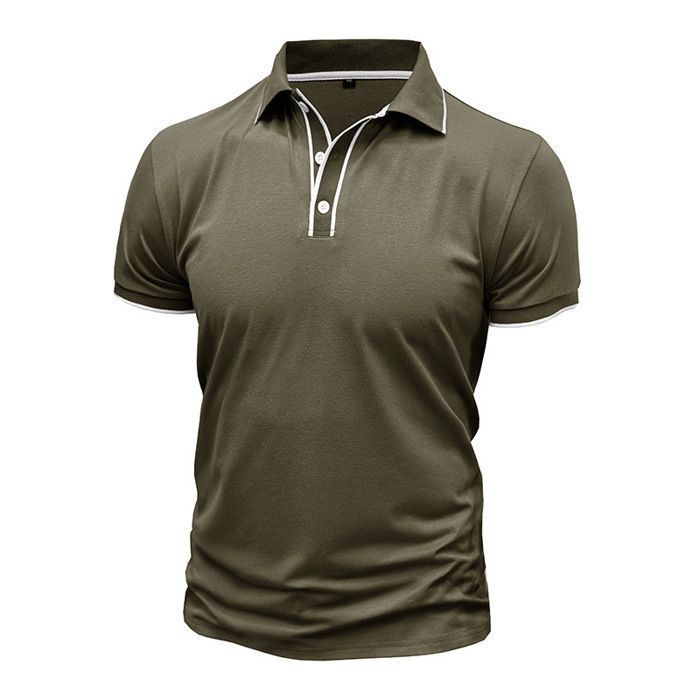 Men's Short Sleeve Summer Polo Shirt, Regular Fit, Casual, Elegant, Lapel Collar, Contrasting Colour - EU Size - Military Green