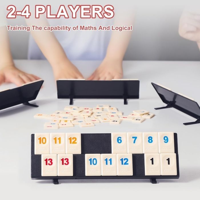 Set di mini dadi da Rummy, gioco classico di Rummy, gioco da tavolo di Rummy numerico con 4 ripiani, 106 dadi da Rummy per 2-4 giocatori