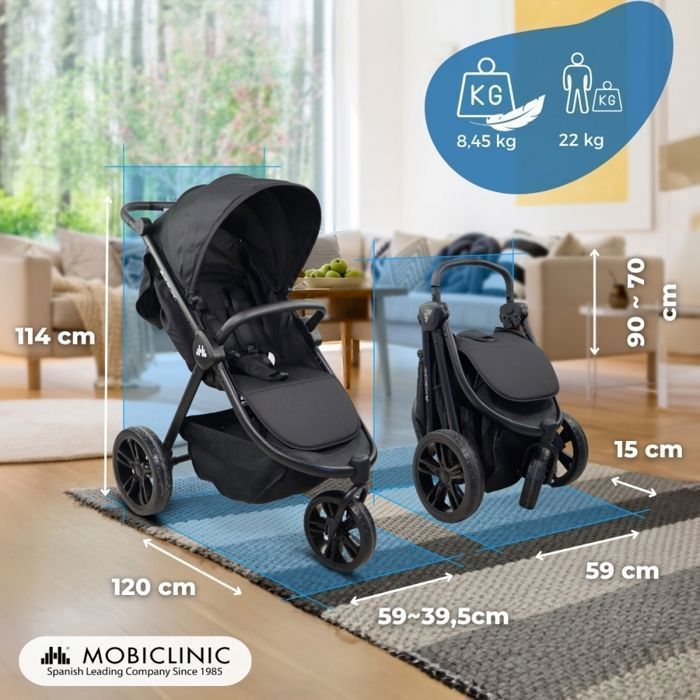Passeggino Mobiclinic a 3 ruote, 22 kg, adatto a tutti i terreni, tasca posteriore, stile sportivo, chiusura con una mano, cestino XXL, Agnes