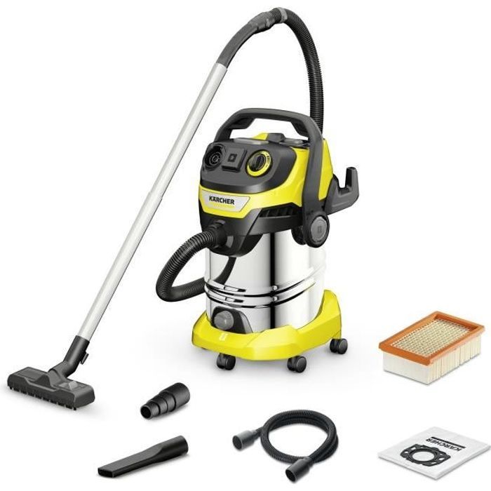 Aspiradora en seco y húmedo KARCHER WD 6 PS V-30/8/35/T - Depósito de acero inoxidable de 30 L - 1300 W, toma para herramientas eléctricas, soplador