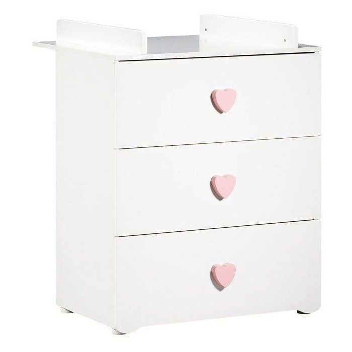 Cambiador - Babyprice - Básico - 3 cajones - Madera - Tiradores en forma de corazón rosa