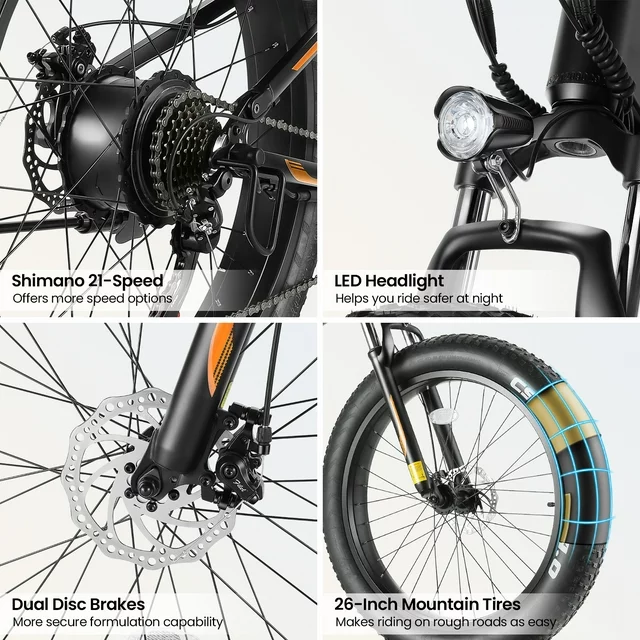 Funcid elektromos kerékpár, 26x4 vastag gumiabroncsú elektromos kerékpár felnőtteknek, 500 W-os Ebike összecsukható felnőtt elektromos hegyi kerékpárok 48 V 10 Ah akkumulátorral