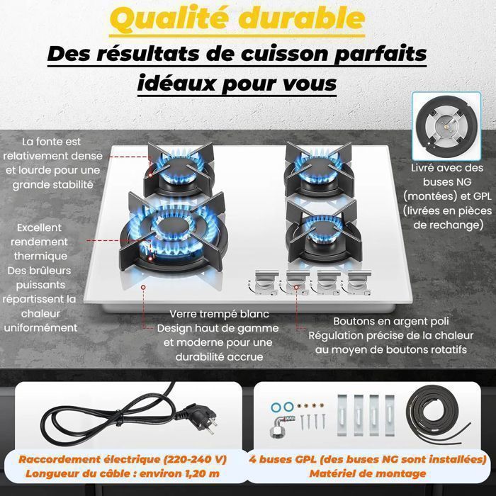 Piano cottura a gas - 4 bruciatori - Vetro temperato bianco - 8060W - Termocoppia di sicurezza - Gas naturale/GPL - Piano cottura a gas