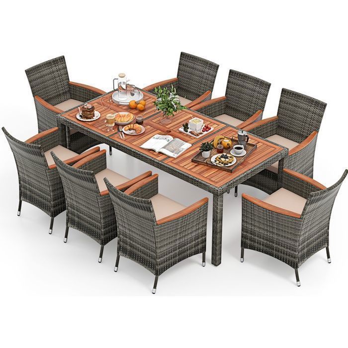 COSTWAY Salon de Jardin avec 1 Table et 8 Chaises en Bois et Rotin Anti-UV, Pieds Réglables et Coussins Imperméables Inclus, Gris