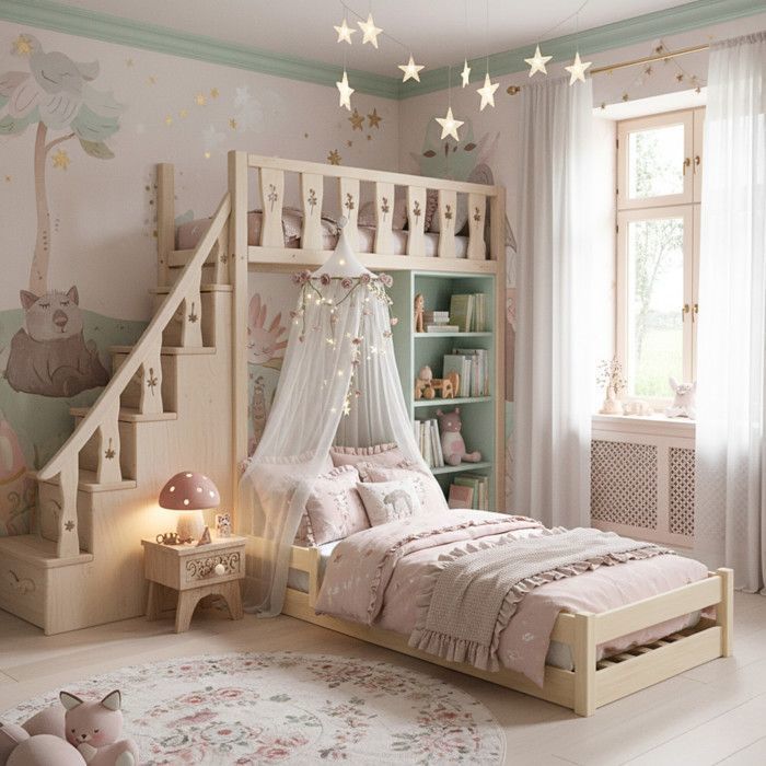Cama infantil LILA de 160x80 cm – Madera natural, barandillas de seguridad, estructura baja.