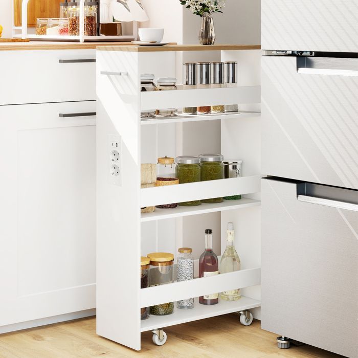 GIANTEX Narrow Kitchen Trolley with Wheels - 47.5x20x80.5cm - Charging Station - 4-Tier Serving Cart - White + Natural