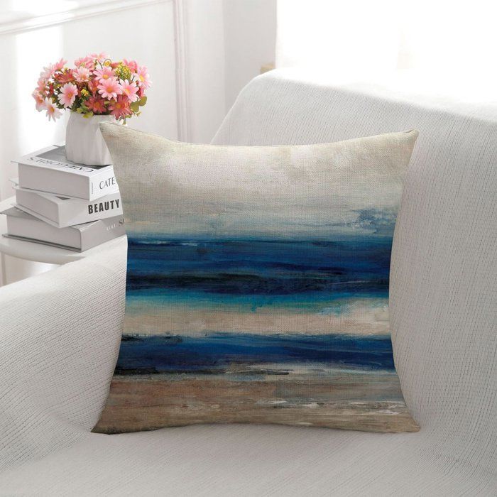 Set med 4 dekorativa örngott - 45 x 45 cm - Vintagetryck - Linne - Enkelsidigt tryck - Oceanblå