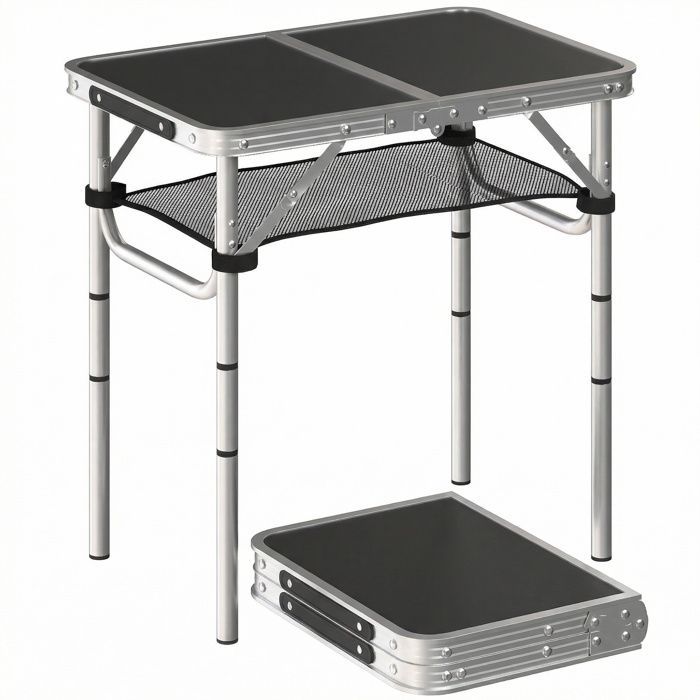Opklapbare campingtafel - Outsunny - 4 verstelbare hoogtes - opbergvak van gaas, handvat - aluminium - 60 x 40 x 60 cm - zwart