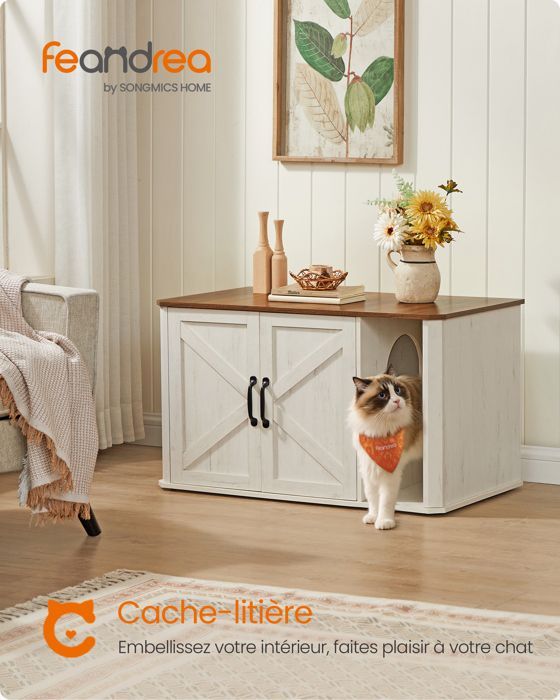 Cat Litter Box Cabinet, Front Entry, Double Door, Handles, 85 x 48.5 x 50 cm, Honey Brown and Rustic White