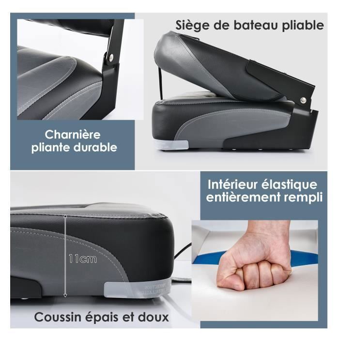 Asiento plegable para barco COSTWAY de 2 piezas con respaldo, correa de fijación larga, tornillos de acero inoxidable, espuma gruesa, color negro.