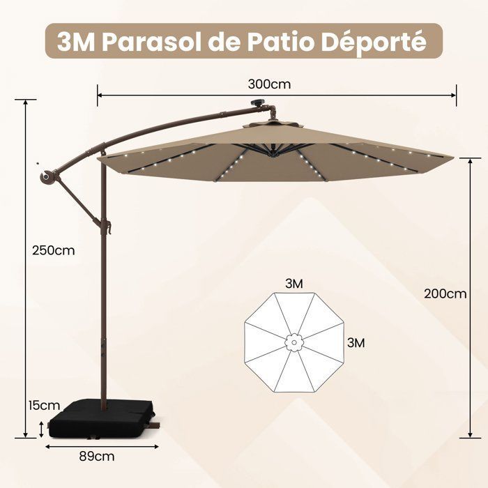 COSTWAY Parasol Déporté 3M avec 40 Lumières LED Panneau Solaire 6 Heures,Base Croisée Sac de Sable Tissu en Polyester UV 20+ Marron