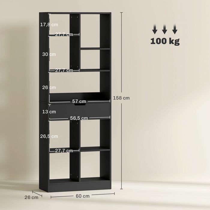 Boekenkast/opbergmeubel - HOMCOM - lade en open schappen - 60 x 26 x 158 cm - zwart