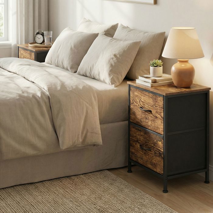 Table de Chevet avec 2 Tiroirs, Lot de 2, pour Chambre, Marron et Noir