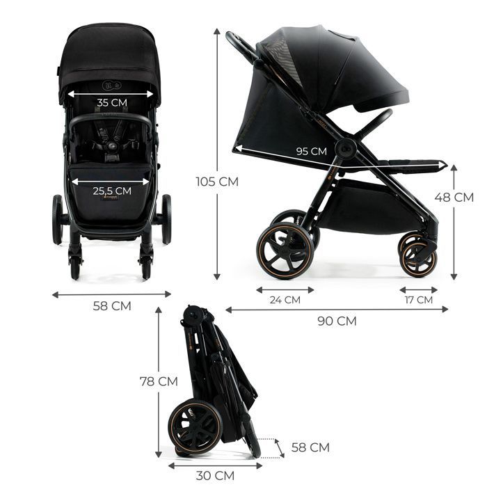 Passeggino Kindercraft MITZY (fino a 27 kg), chiusura con una mano, taglia grande, senza aria, ruote ammortizzate, nero.