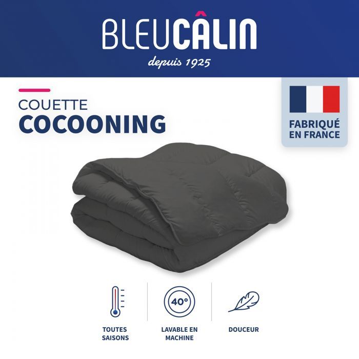 Couette Tempérée Cocooning 140x200cm pour Lit 90x190 - Enveloppe Ultra Douce Édredon 350g/m² Fabriqué en France - Gris - BLEU CALIN