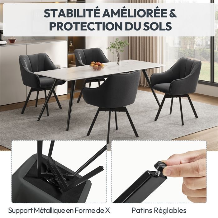 Yaheetech Chaise de Salle à Manger Rotative Chaise de Cuisine Roulante Assise en Velours et Pieds en Métal Gris Foncé