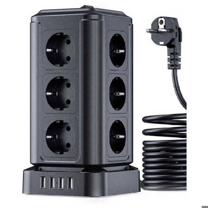 Tower Power Strip Surge Protector with 12 Outlets, 4 USB Ports (4.5A), 2m Cord, 16A/4000W, Black