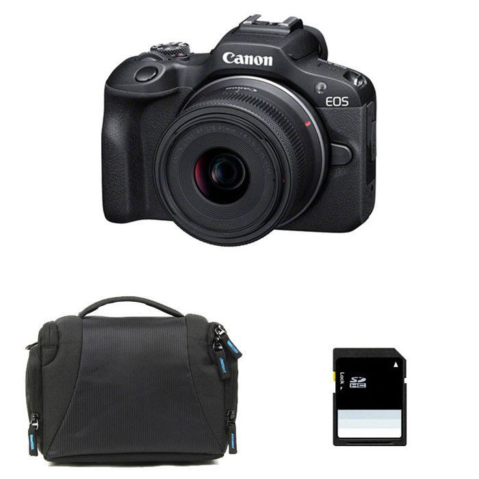 Canon EOS R100 hybridikamera + RF-S 18-45mm f/4.5-6.3 IS STM -objektiivi + laukku + 8GB SD-kortti