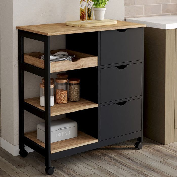 IDMARKET Desserte de cuisine MUNA 3 paniers + 1 plateau amovible noir et effet hêtre L.76 cm